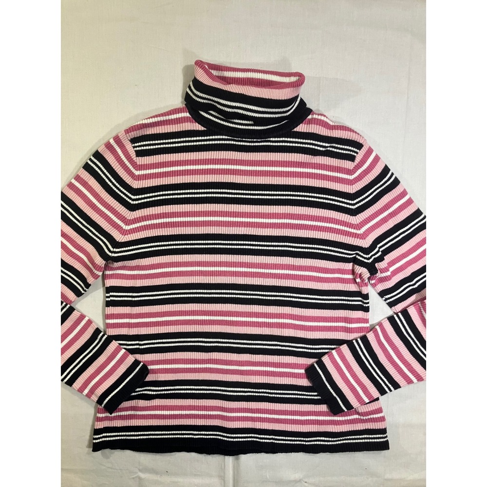 Northern Reflections Womens XL Pink Black White Striped Ribbed Cotton Turtleneck